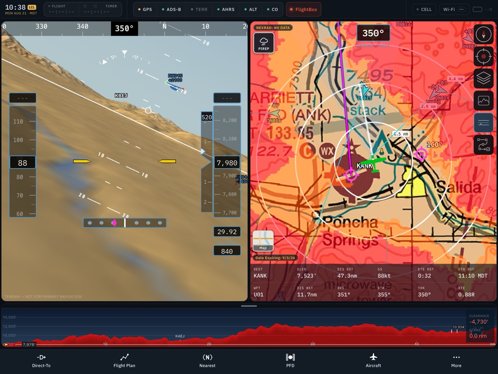 Synthetic vision beside a terrain-alert map