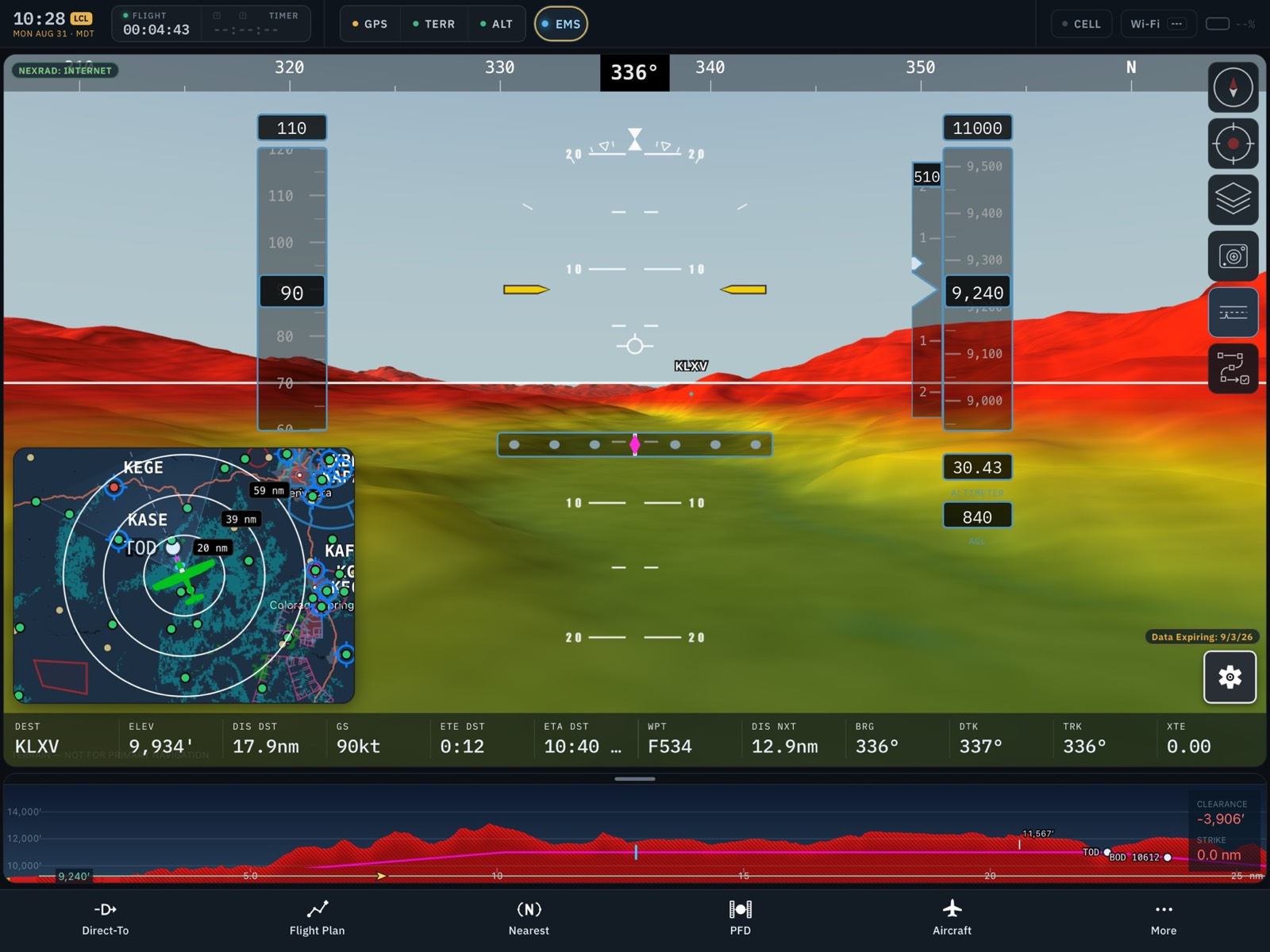 Synthetic vision with terrain coloring and PFD