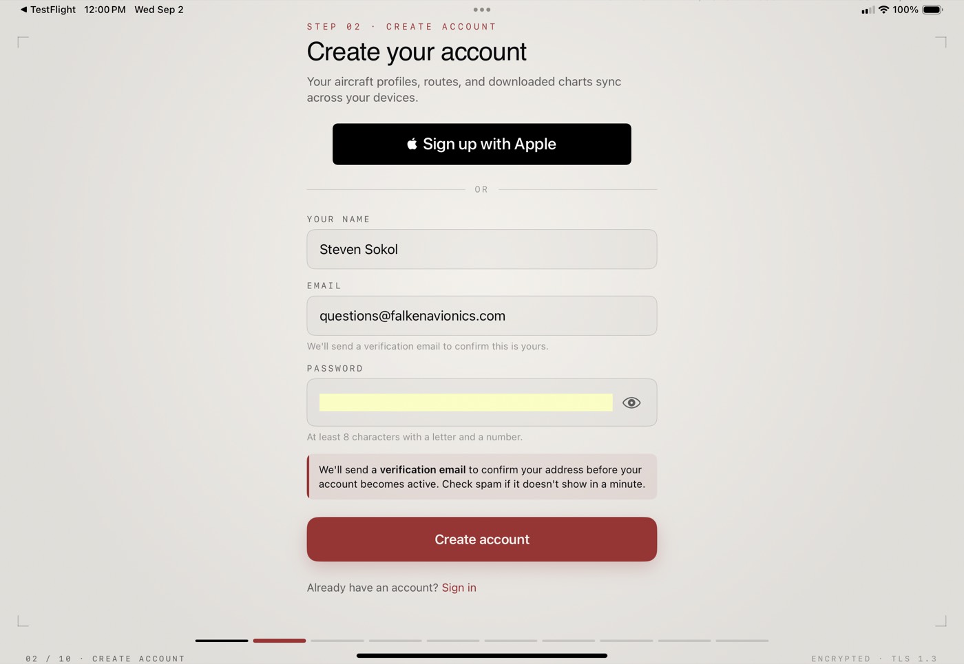 Create your account screen
